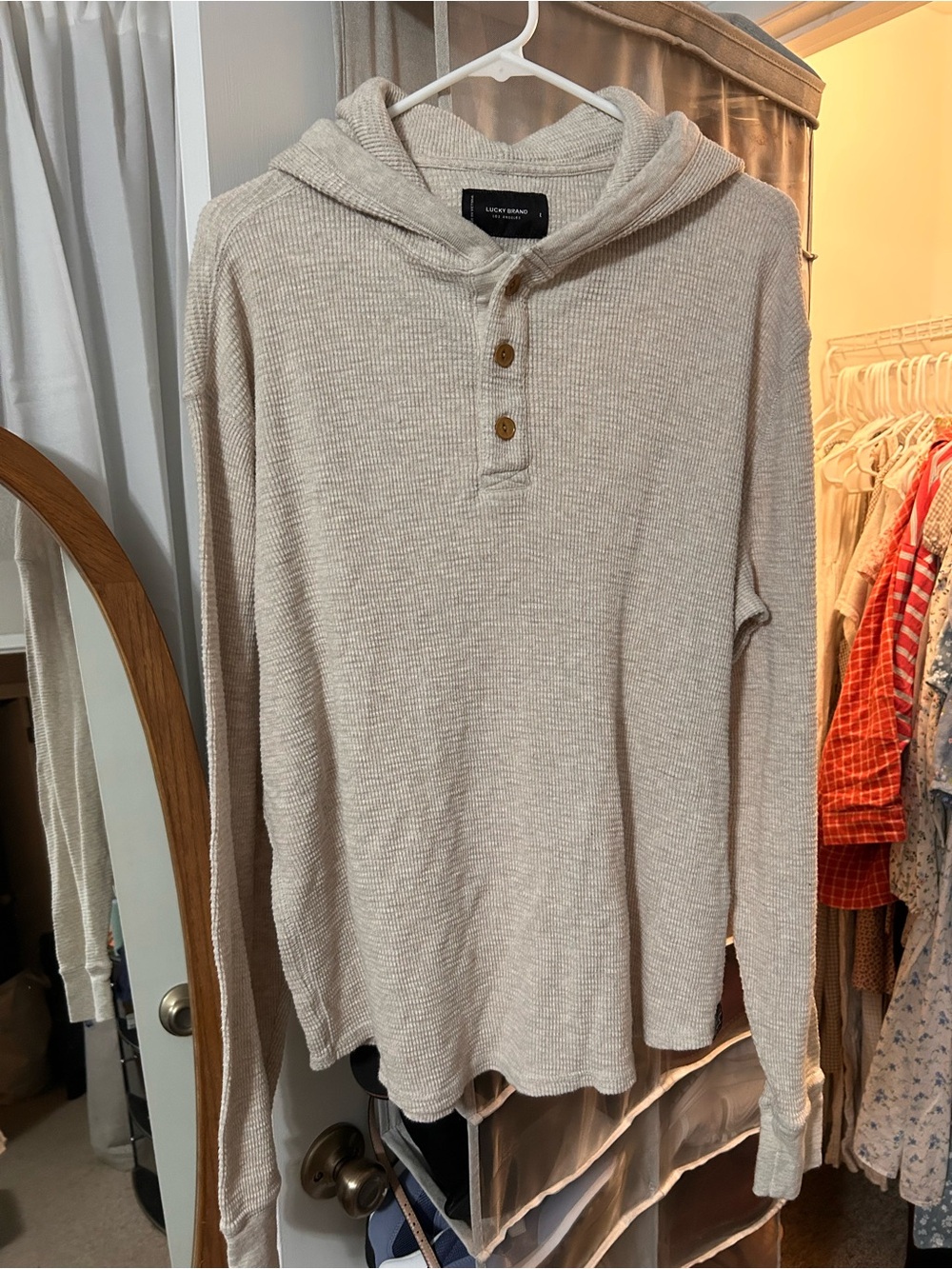 Lucky Brand Light Beige Oatmeal Hooded Waffle Knit Sweater